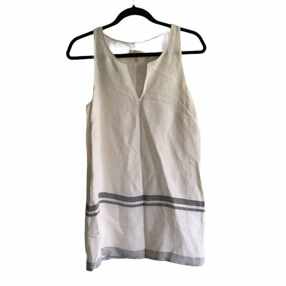 RAG & BONE Linen Sleeveless Mini Shift Dress Stripe Leather Trim Cream Black 2 - Picture 4 of 6